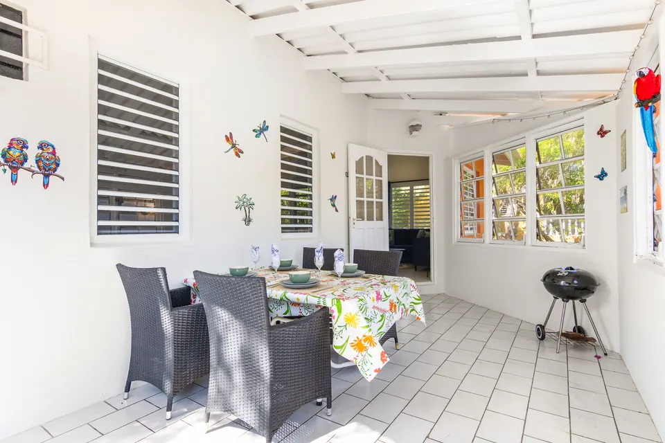 Overdekte achterporch met eettafel en BBQ