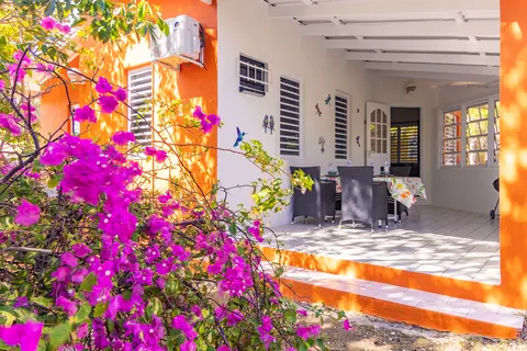 Porch met bougainvillea en oranje kolommen