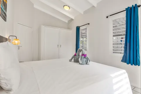 Slaapkamer 1 met kingsize bed en witte kledingkast