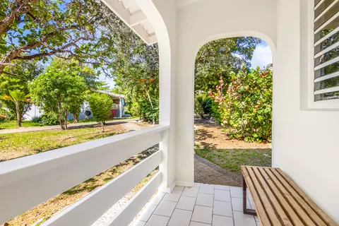 Uitzicht vanaf de voorporch op het groene park