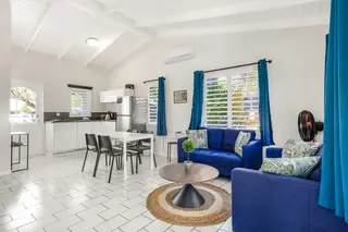Woonkamer met open keuken, eettafel en twee blauwe banken